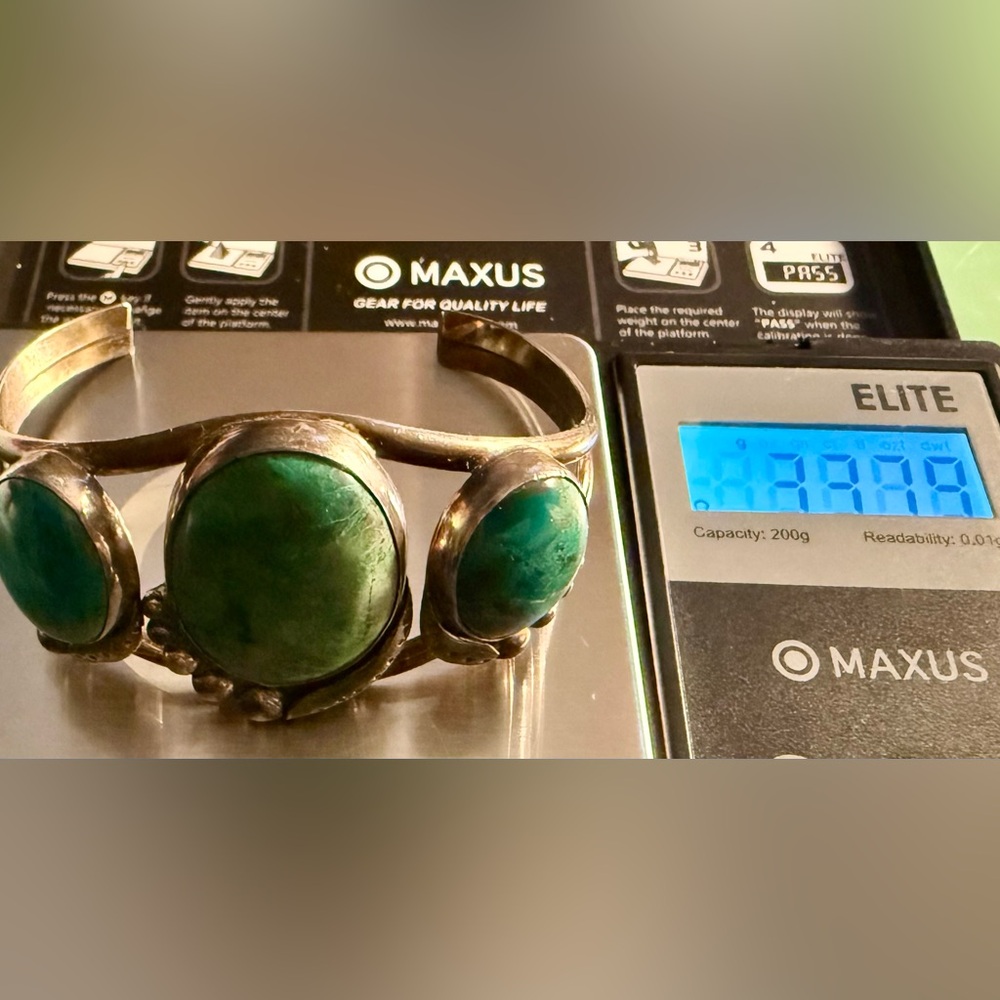 Signed Sterling Silver Turquoise Three-Stone Cuff Bracelet - Picture 3 of 15